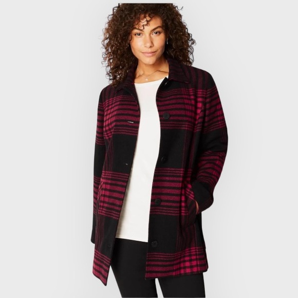 J. Jill Buffalo Plaid Black & Red Pea Coat Women’s Large - Picture 11 of 11
